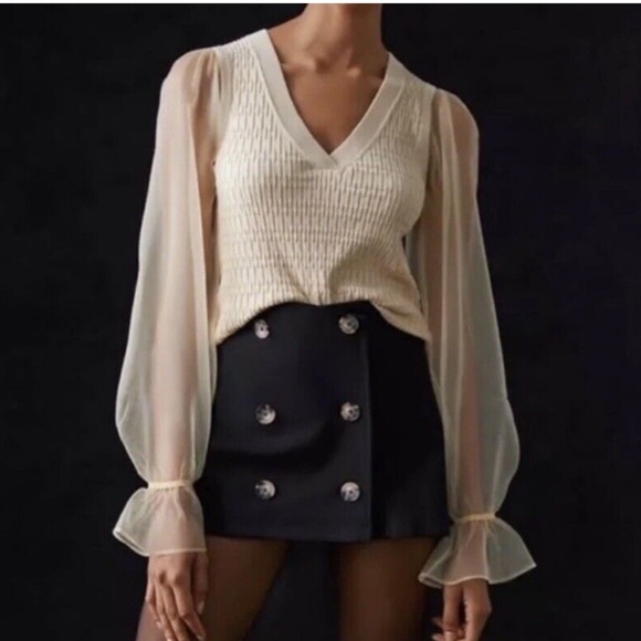 Anthropologie Gold Cream Sheer Puff Sleeve Preppy Balletcore V Neck Sweater - Picture 2 of 5